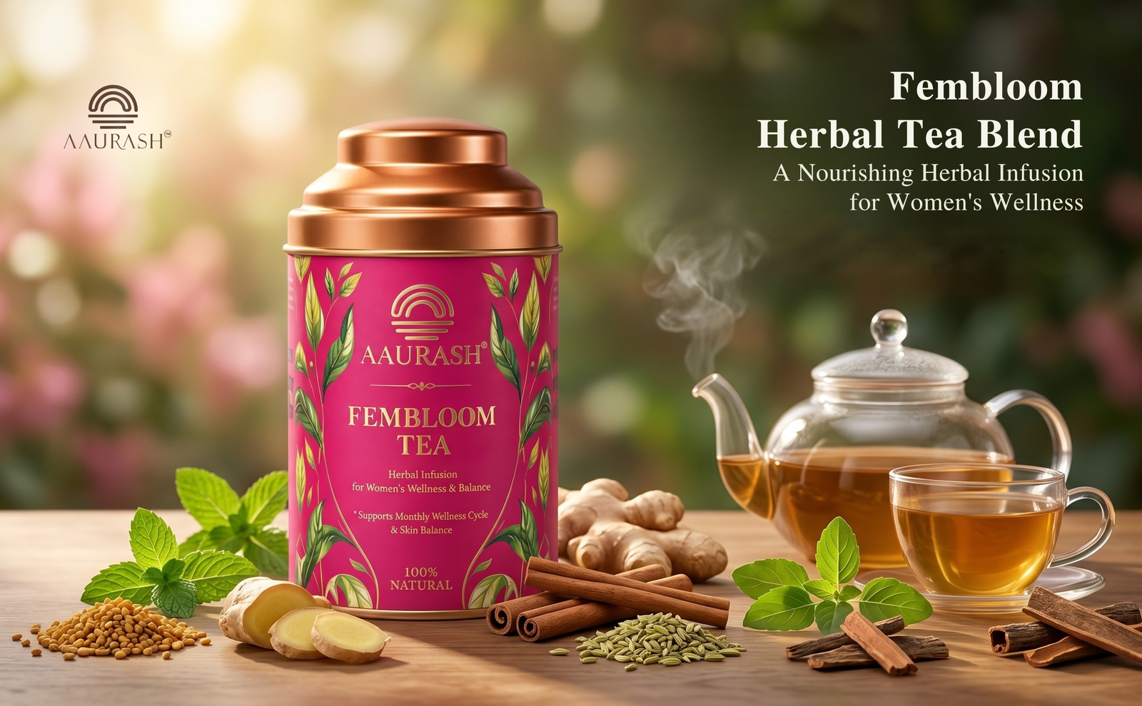 Aaurash Fembloom Herbal Tea | Women Wellness Support Tea | Supports Hormonal Balance, PCOS/PCOD Care & Period Comfort | Natural Caffeine-Free Herbal Tea (60)gm