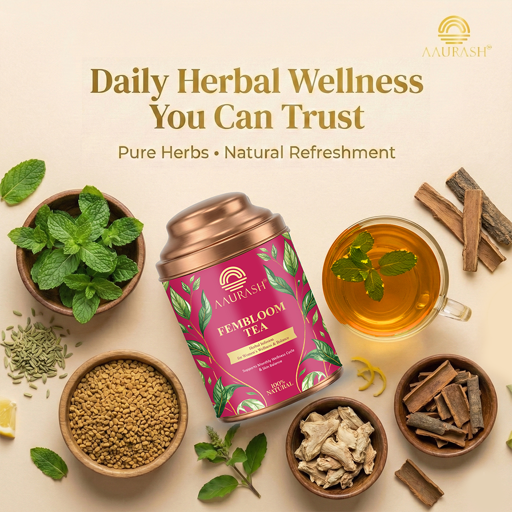 Aaurash Fembloom Herbal Tea | Women Wellness Support Tea | Supports Hormonal Balance, PCOS/PCOD Care & Period Comfort | Natural Caffeine-Free Herbal Tea (60)gm