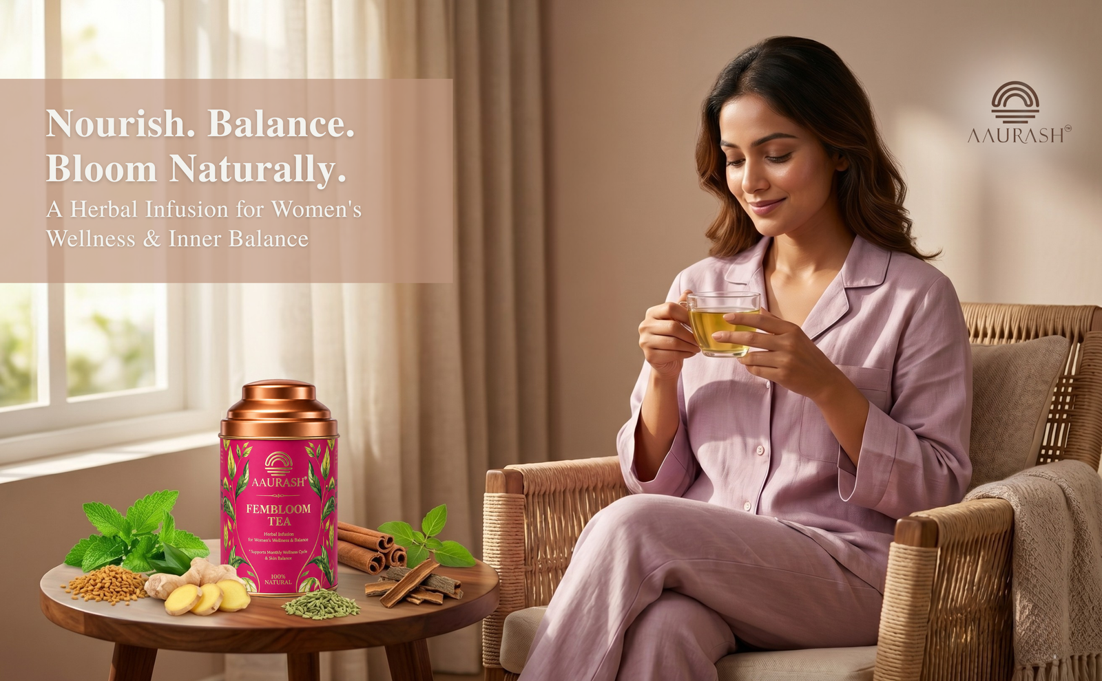 Aaurash Fembloom Herbal Tea | Women Wellness Support Tea | Supports Hormonal Balance, PCOS/PCOD Care & Period Comfort | Natural Caffeine-Free Herbal Tea (60)gm