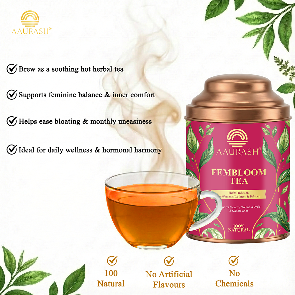 Aaurash Fembloom Herbal Tea | Women Wellness Support Tea | Supports Hormonal Balance, PCOS/PCOD Care & Period Comfort | Natural Caffeine-Free Herbal Tea (60)gm