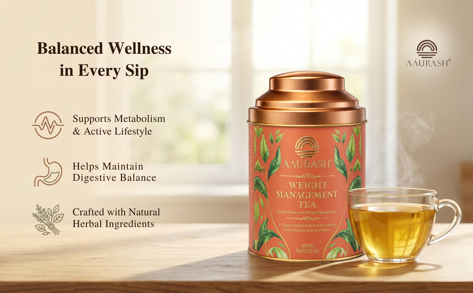Aaurash Weight Management Tea | Herbal Metabolism Support & Detox Blend | Supports Fat Metabolism & Digestive Wellness | Caffeine-Free Herbal Tea (60 Cups)