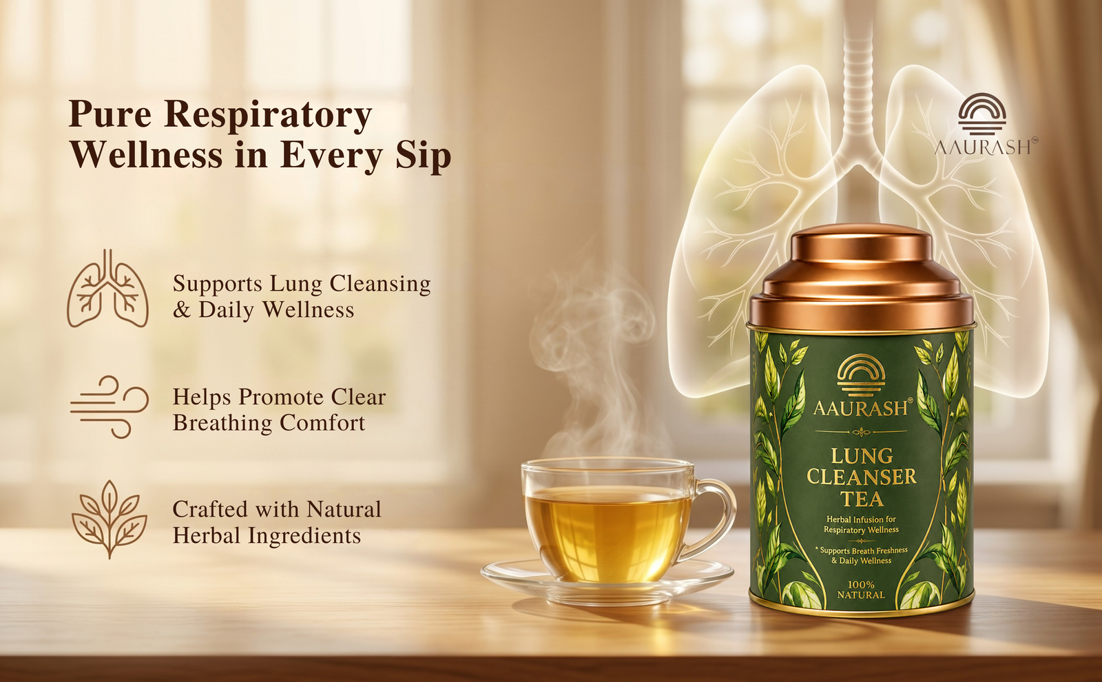 Aaurash Lungs Cleanser Herbal Tea | Breathing Comfort & Detox Support Tea | Supports Respiratory Wellness & Natural Detox | Caffeine-Free Herbal Tea