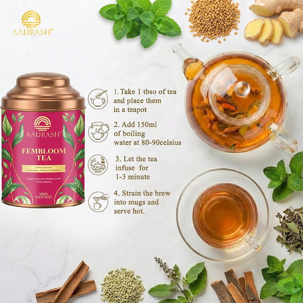 Aaurash Fembloom Herbal Tea | Women Wellness Support Tea | Supports Hormonal Balance, PCOS/PCOD Care & Period Comfort | Natural Caffeine-Free Herbal Tea (60)gm