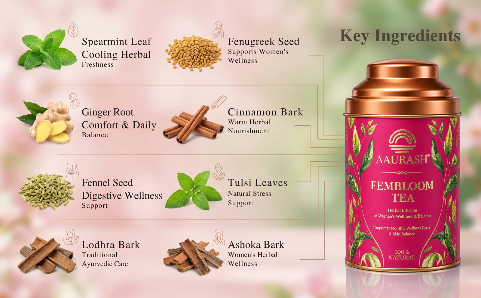 Aaurash Fembloom Herbal Tea | Women Wellness Support Tea | Supports Hormonal Balance, PCOS/PCOD Care & Period Comfort | Natural Caffeine-Free Herbal Tea (60)gm