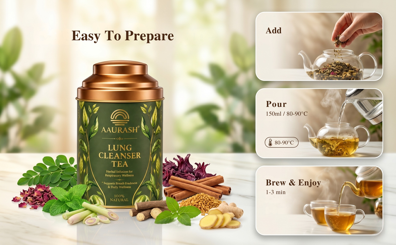 Aaurash Lungs Cleanser Herbal Tea | Breathing Comfort & Detox Support Tea | Supports Respiratory Wellness & Natural Detox | Caffeine-Free Herbal Tea