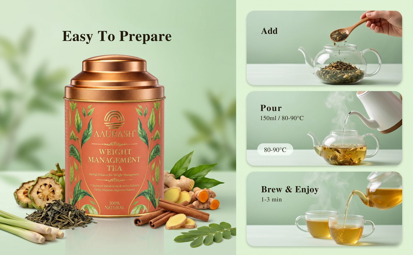 Aaurash Weight Management Tea | Herbal Metabolism Support & Detox Blend | Supports Fat Metabolism & Digestive Wellness | Caffeine-Free Herbal Tea (60 Cups)