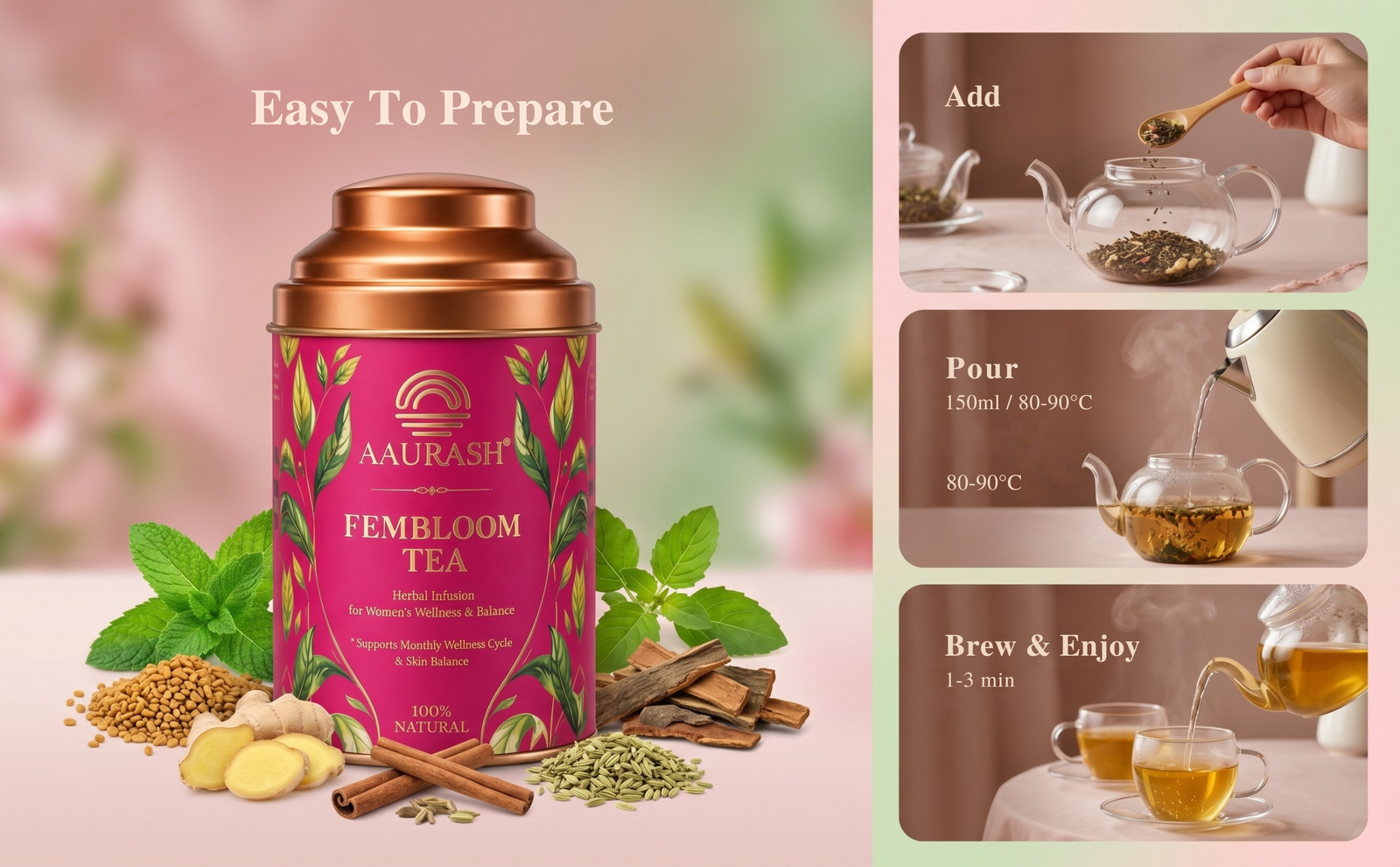 Aaurash Fembloom Herbal Tea | Women Wellness Support Tea | Supports Hormonal Balance, PCOS/PCOD Care & Period Comfort | Natural Caffeine-Free Herbal Tea (60)gm