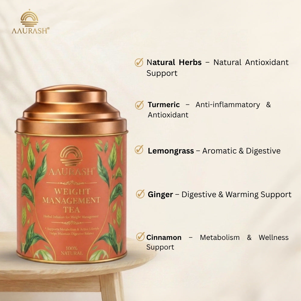 Aaurash Weight Management Tea | Herbal Metabolism Support & Detox Blend | Supports Fat Metabolism & Digestive Wellness | Caffeine-Free Herbal Tea (60 Cups)