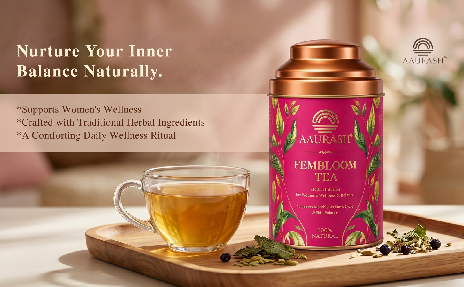 Aaurash Fembloom Herbal Tea | Women Wellness Support Tea | Supports Hormonal Balance, PCOS/PCOD Care & Period Comfort | Natural Caffeine-Free Herbal Tea (60)gm