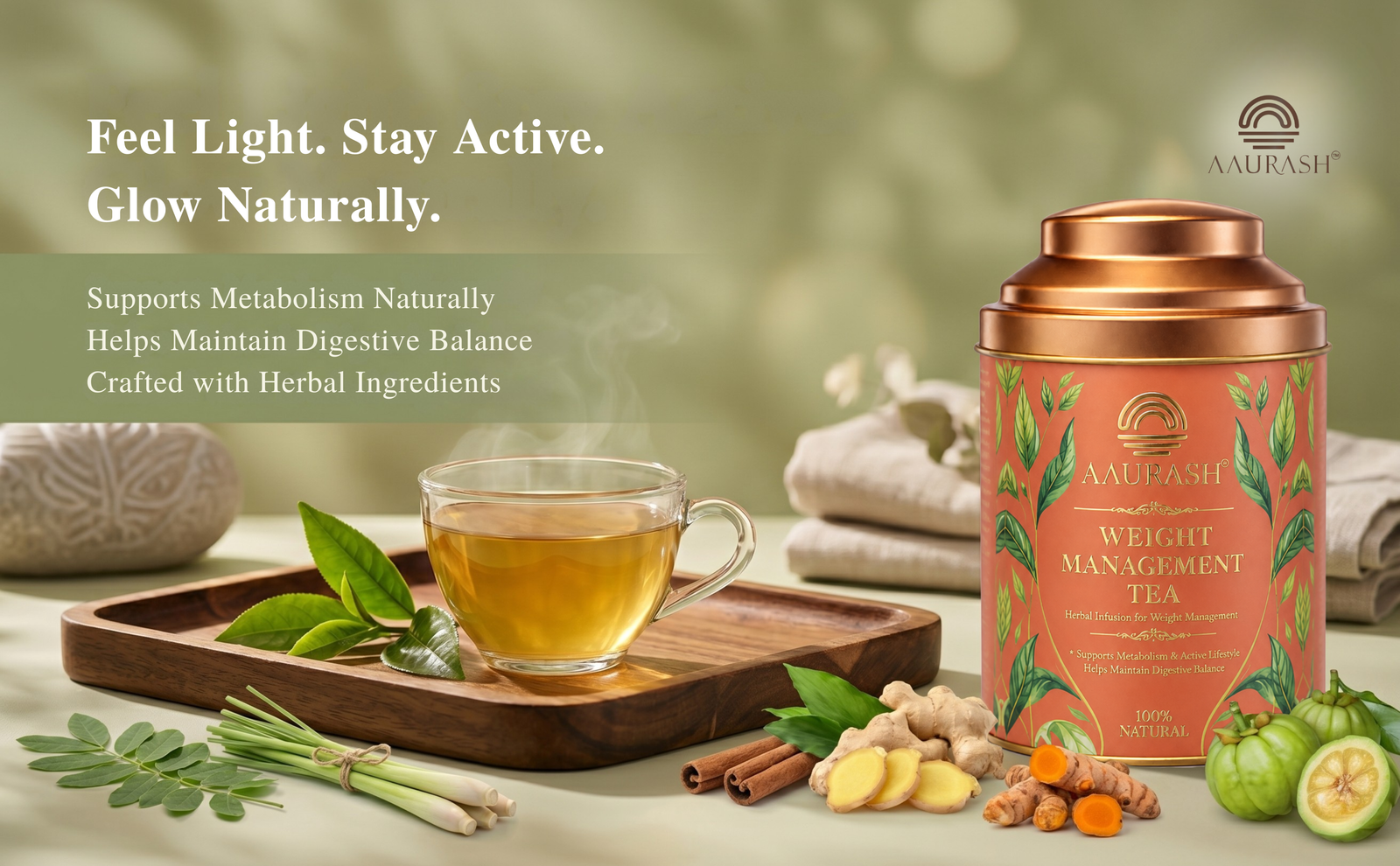 Aaurash Weight Management Tea | Herbal Metabolism Support & Detox Blend | Supports Fat Metabolism & Digestive Wellness | Caffeine-Free Herbal Tea (60 Cups)