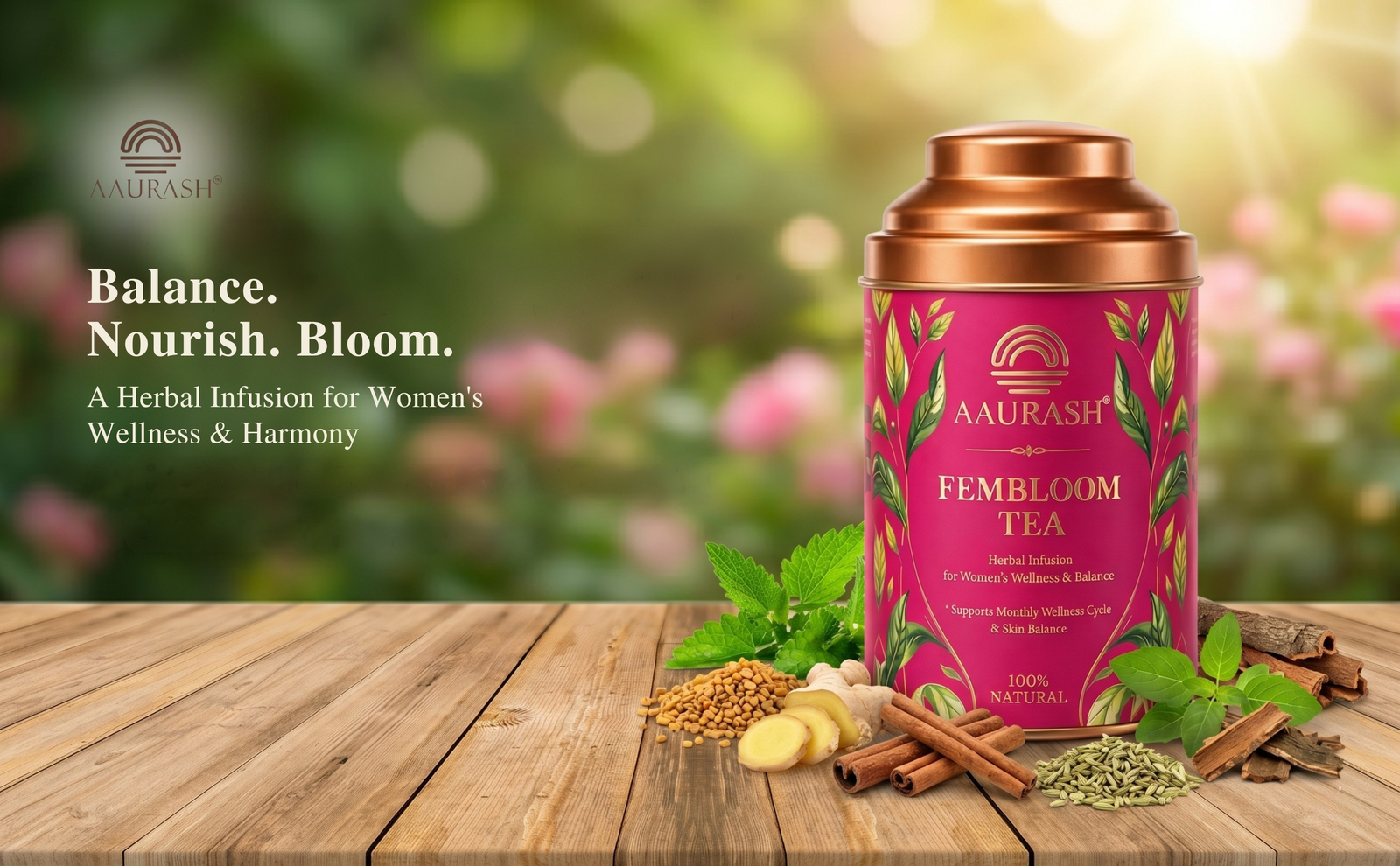 Aaurash Fembloom Herbal Tea | Women Wellness Support Tea | Supports Hormonal Balance, PCOS/PCOD Care & Period Comfort | Natural Caffeine-Free Herbal Tea (60)gm