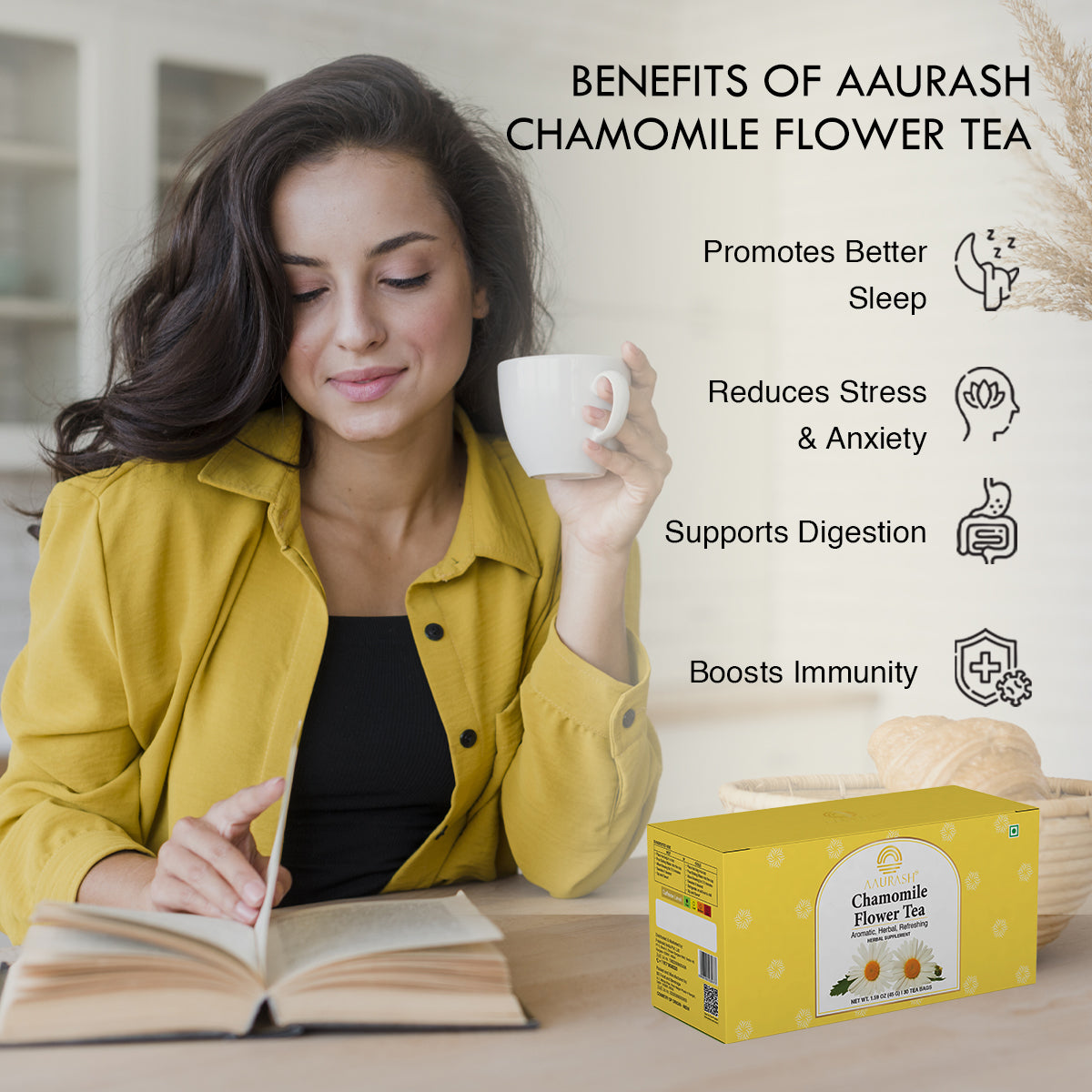 Aaurash Chamomile Tea – 100% Pure Flower Herbal Tea, Caffeine Free, Sleep & Relaxation Blend, 30 Tea Bags Pack | USFDA & FSSAI Compliant | Supports Calm, Digestive Comfort & Natural Wellness