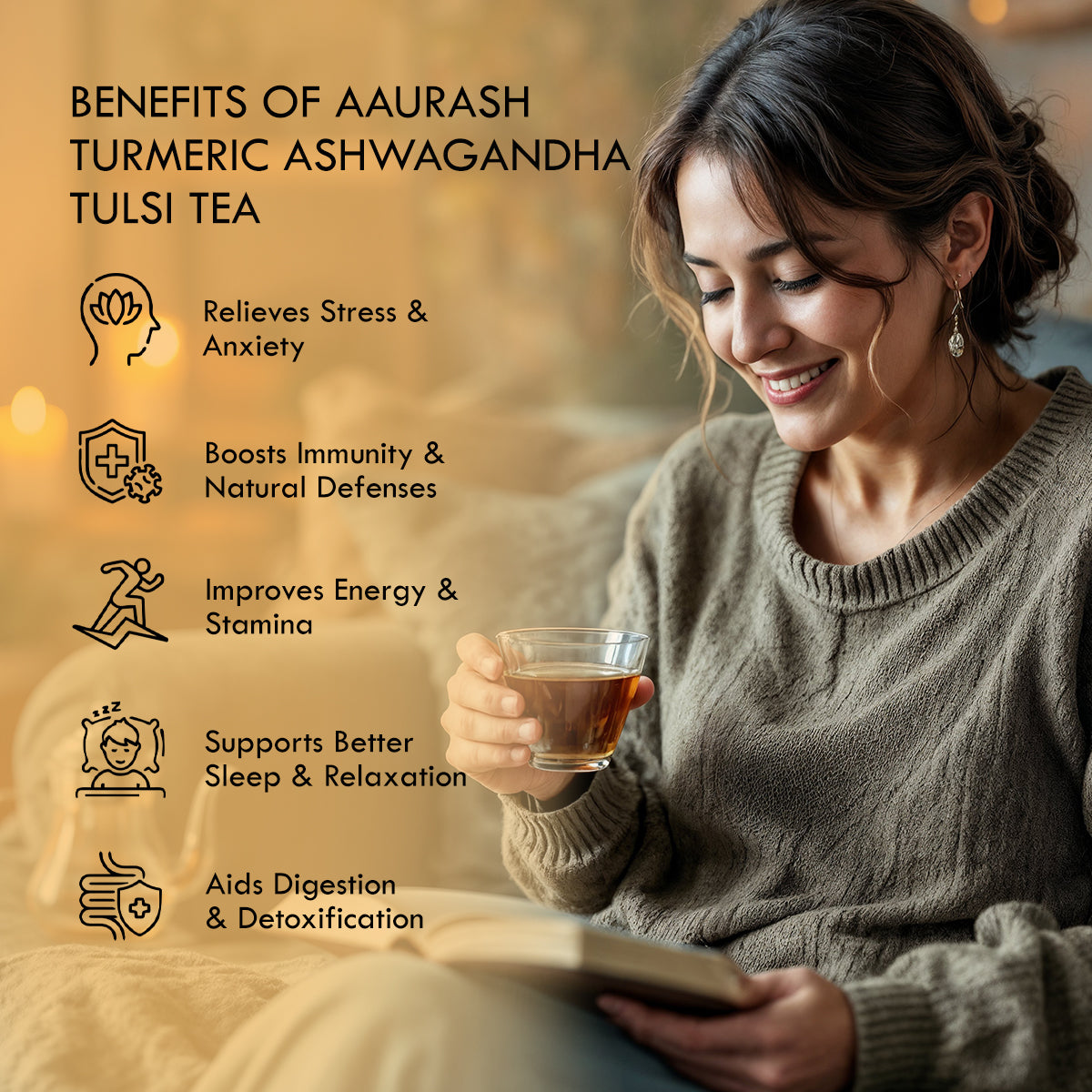 Aaurash Turmeric, Ashwagandha & Basil Herbal Tea – Caffeine-Free Adaptogenic Blend for Immunity, Stress Relief & Digestive Wellness | 30 Tea Bags (100g)