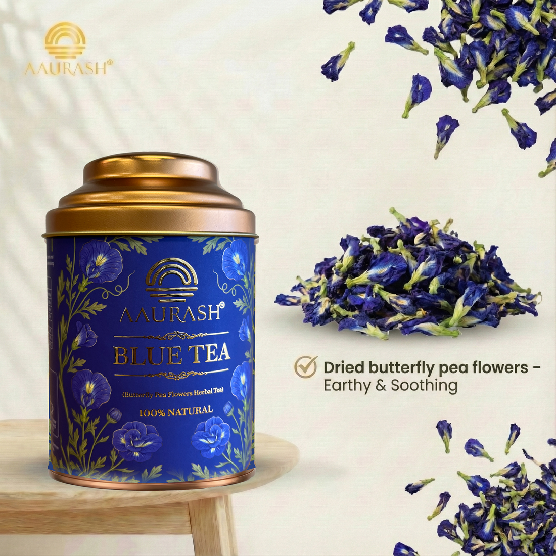 Aaurash Blue Tea | Butterfly Pea Flower | Rich Color & Antioxidant Support Blue Tea (40gm)