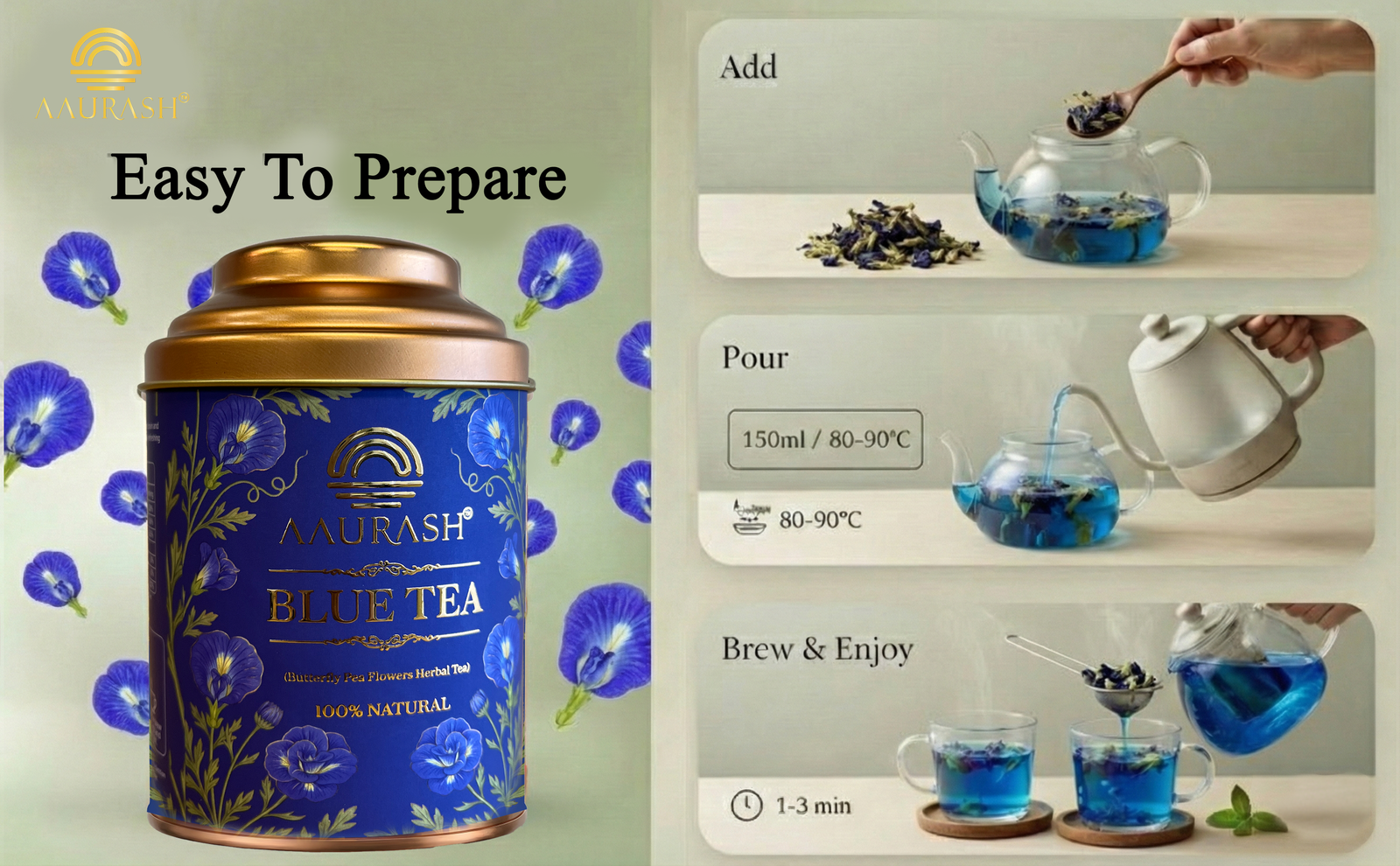 Aaurash Blue Tea | Butterfly Pea Flower | Rich Color & Antioxidant Support Blue Tea (40gm)