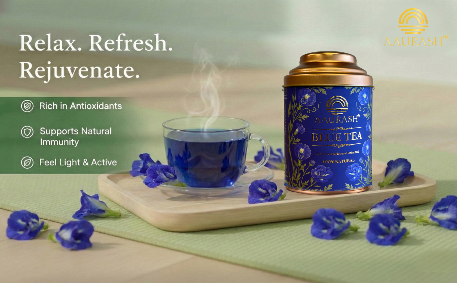 Aaurash Blue Tea | Butterfly Pea Flower | Rich Color & Antioxidant Support Blue Tea (40gm)