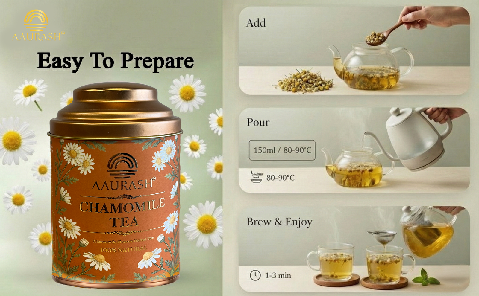Aaurash Chamomile Tea | Supports Relaxation & Calm Routine | Naturally Caffeine | Sleep & Relaxation Blend (40gm)