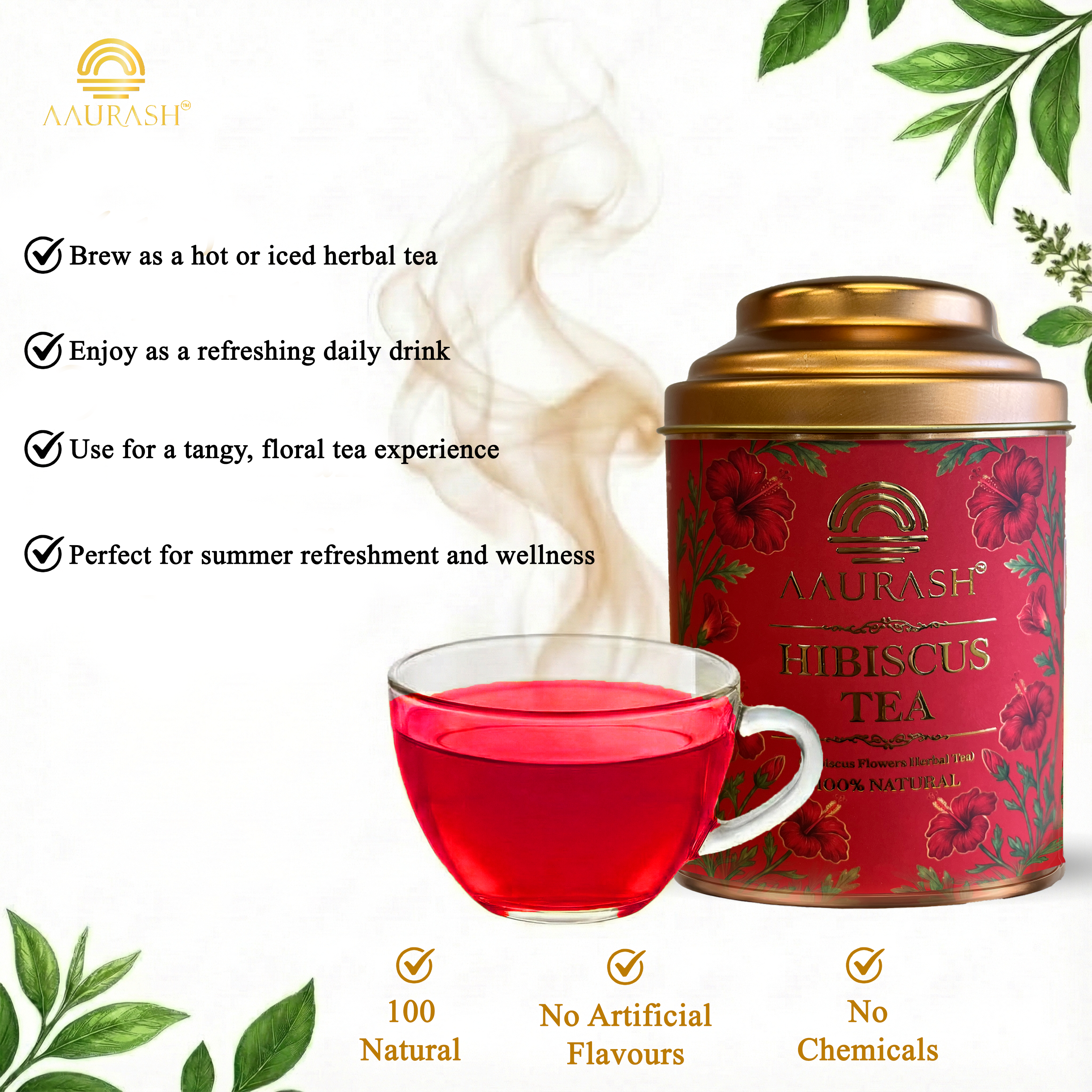 Aaurash Hibiscus Tea | Antioxidant & Caffeine-Free | Premium Flower Tea | Supports Natural Wellness & Skin Glow (40 gm)