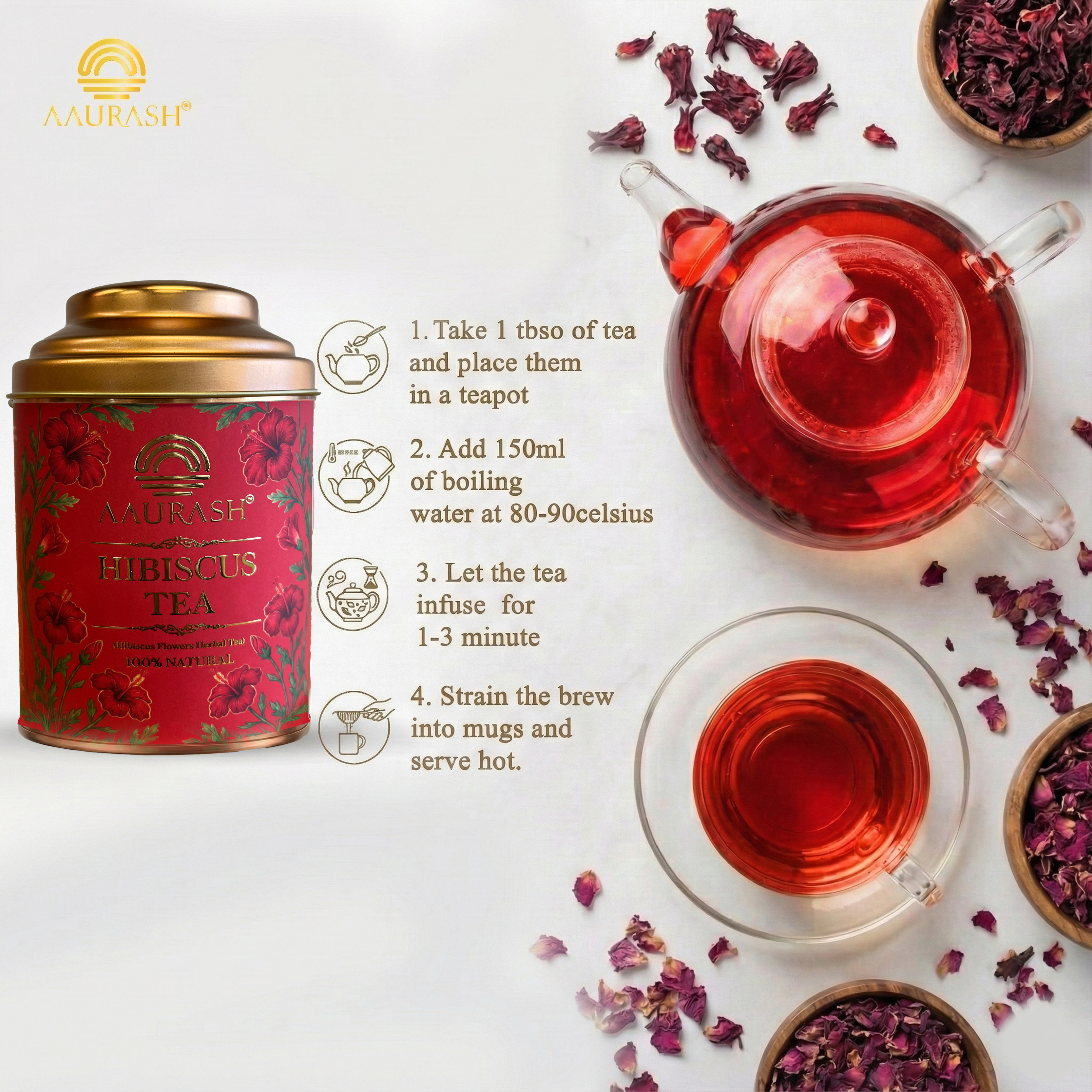 Aaurash Hibiscus Tea | Antioxidant & Caffeine-Free | Premium Flower Tea | Supports Natural Wellness & Skin Glow (40 gm)