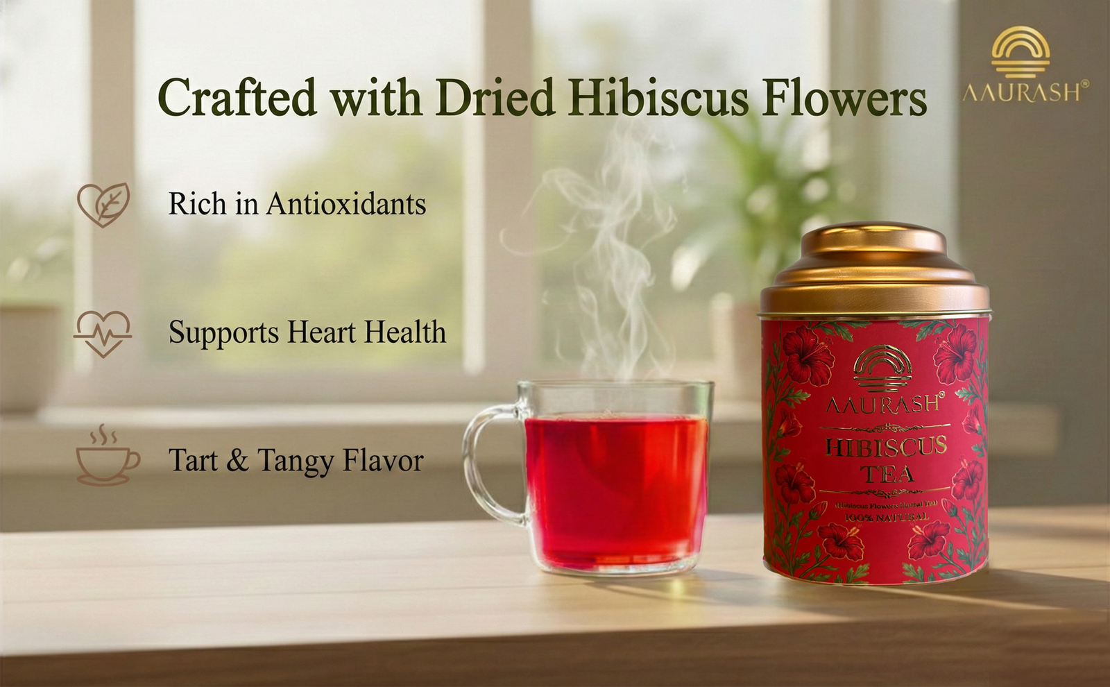Aaurash Hibiscus Tea | Antioxidant & Caffeine-Free | Premium Flower Tea | Supports Natural Wellness & Skin Glow (40 gm)