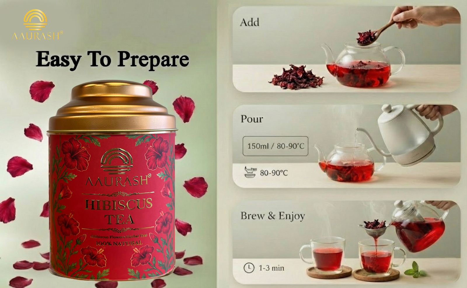 Aaurash Hibiscus Tea | Antioxidant & Caffeine-Free | Premium Flower Tea | Supports Natural Wellness & Skin Glow (40 gm)