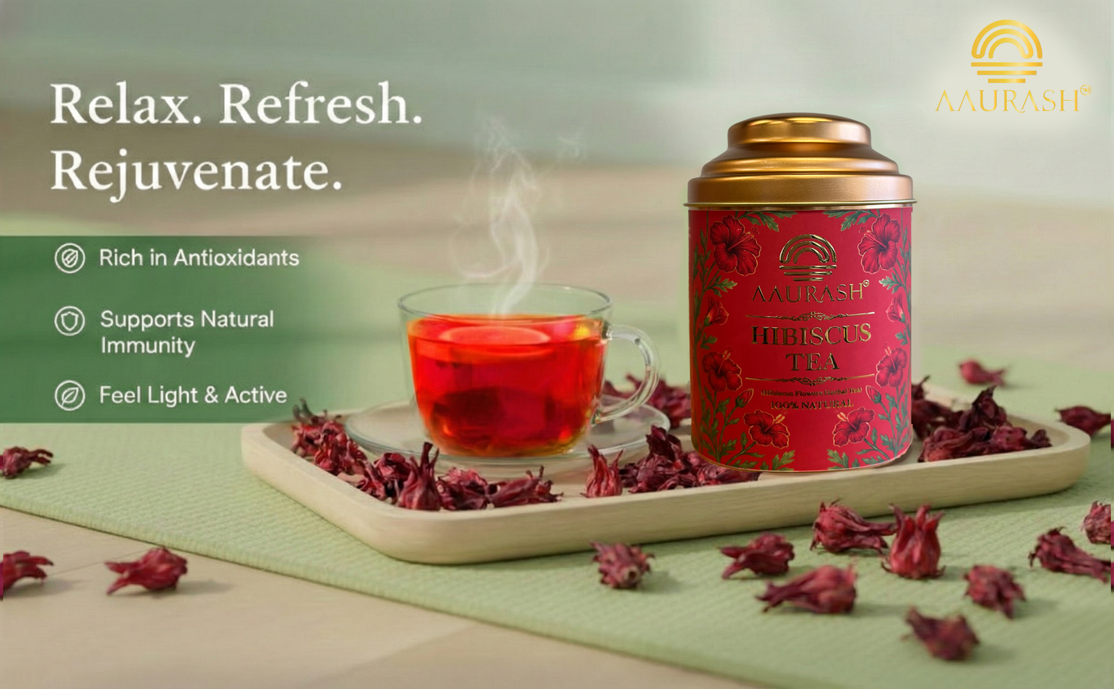 Aaurash Hibiscus Tea | Antioxidant & Caffeine-Free | Premium Flower Tea | Supports Natural Wellness & Skin Glow (40 gm)
