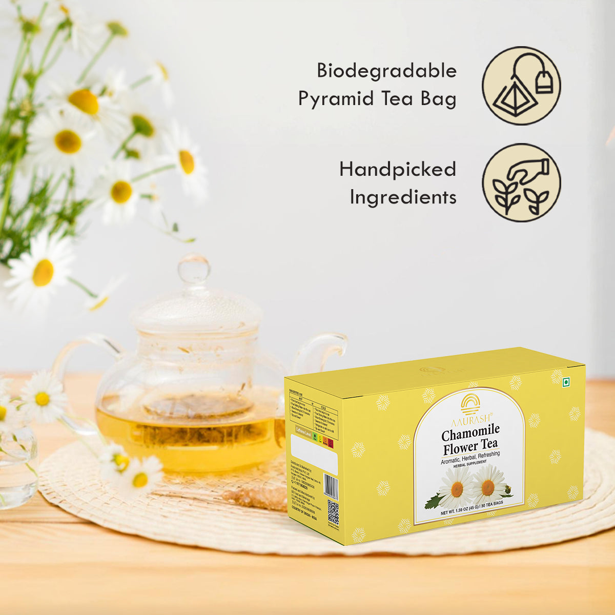 Aaurash Chamomile Tea – 100% Pure Flower Herbal Tea, Caffeine Free, Sleep & Relaxation Blend, 30 Tea Bags Pack | USFDA & FSSAI Compliant | Supports Calm, Digestive Comfort & Natural Wellness