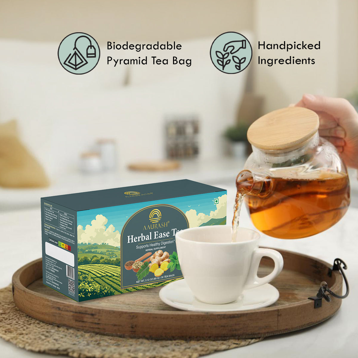 Aaurash Herbal Ease Tea – Natural Digestive Tea Blend with Fennel, Ajwain, Ginger & Senna – Supports Healthy Digestion & Bloating Relief – 30 Bags Pack | Light Caffeine Blend