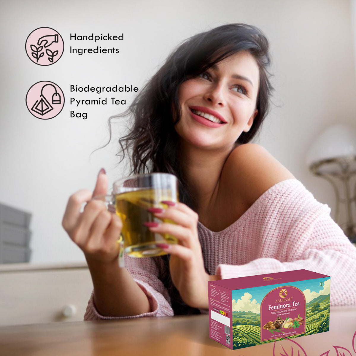 Aaurash Feminora Tea – Women’s Herbal Wellness & Hormonal Support Blend | Basil, Ashoka, Lodhra, Fennel & Spearmint | Mild Green Tea Boost | 30 Tea Bags