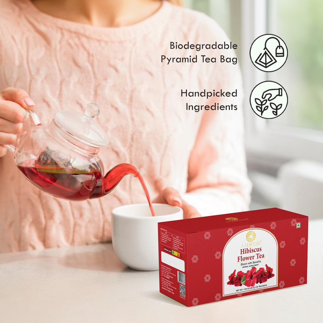 Aaurash Hibiscus Tea – 100% Pure Hibiscus Sabdariffa Petals, Caffeine-Free Herbal Tea, 30 Bags (100 g) | Rich in Antioxidants, Supports Natural Wellness & Skin Glow