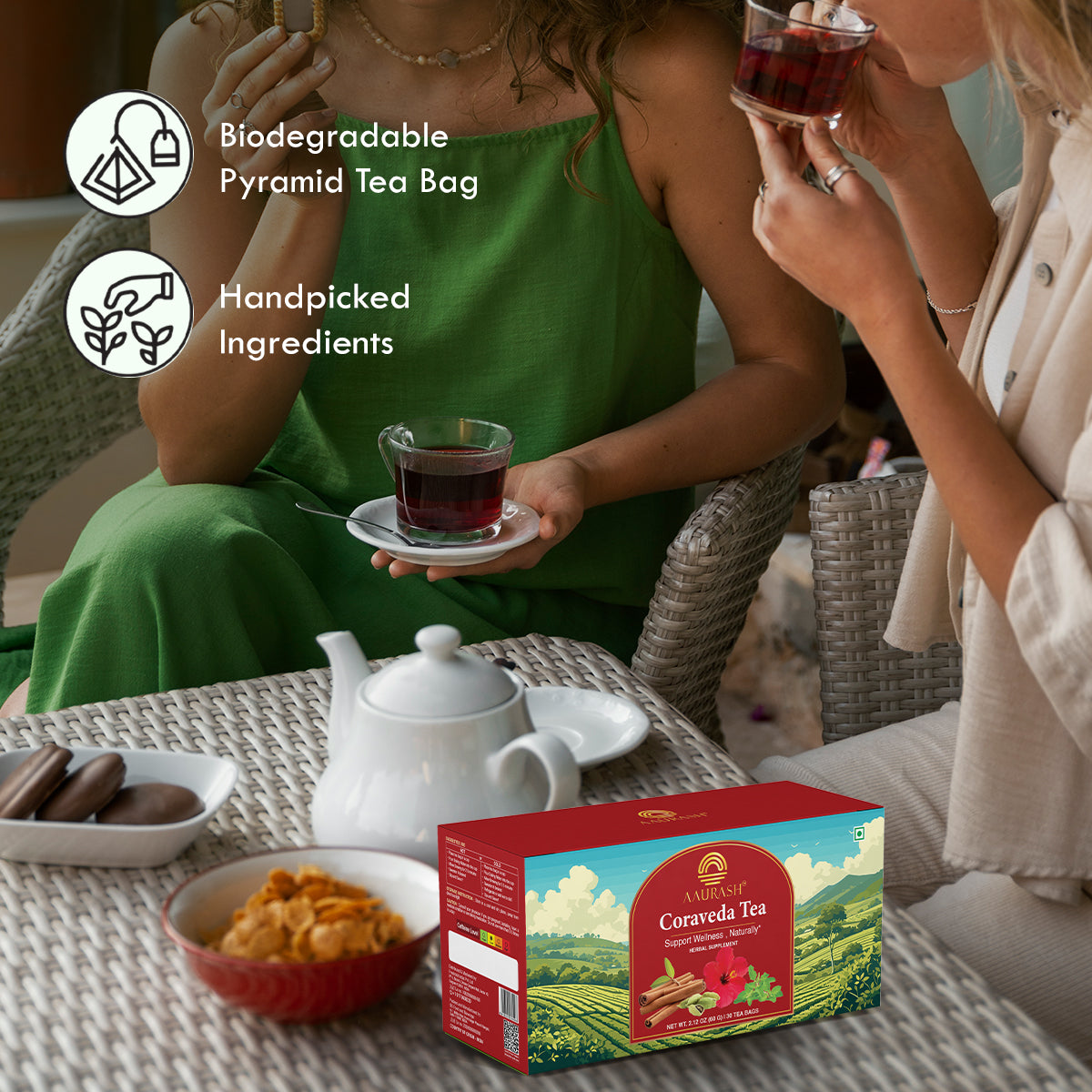 Aaurash Coraveda Tea – Herbal Heart Care Tea with Basil, Cardamom, Cinnamon & Hibiscus | Supports Cardiovascular Wellness | Caffeine-Free, 30 Tea Bags