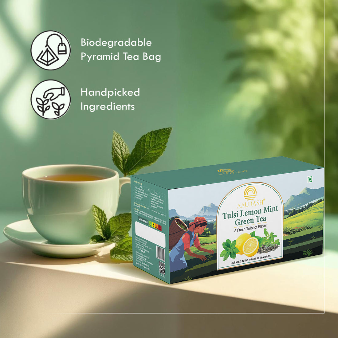Aaurash Tulsi Lemon Mint Green Tea – Refresh, Rebalance, and Revitalize Every Sip.
