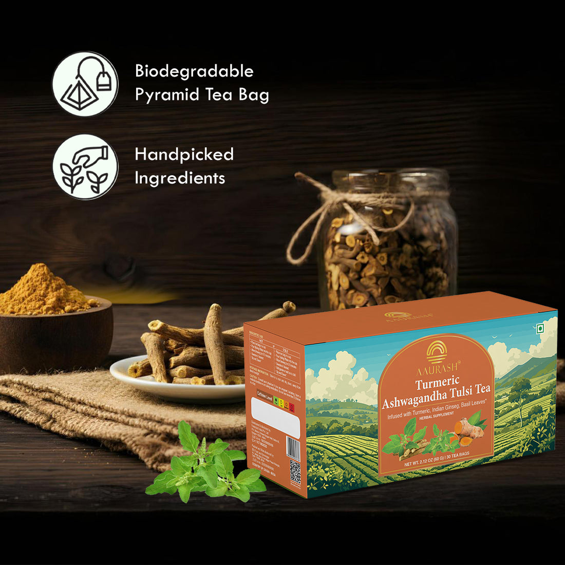 Aaurash Turmeric, Ashwagandha & Basil Herbal Tea – Caffeine-Free Adaptogenic Blend for Immunity, Stress Relief & Digestive Wellness | 30 Tea Bags (100g)