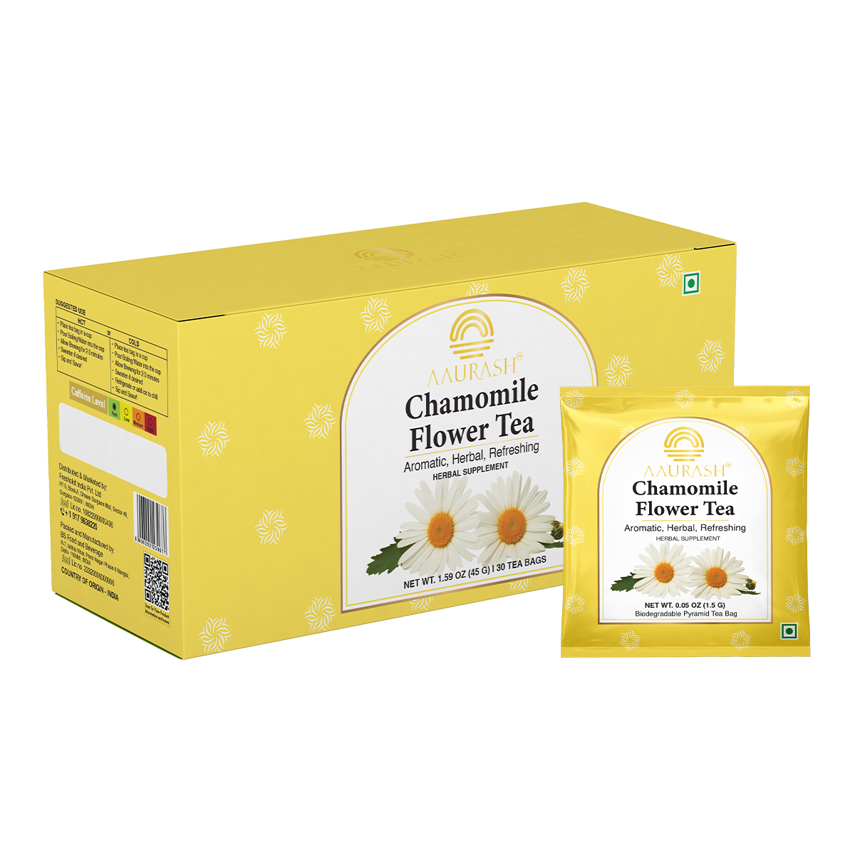 Aaurash Chamomile Tea – 100% Pure Flower Herbal Tea, Caffeine Free, Sleep & Relaxation Blend, 30 Tea Bags Pack | USFDA & FSSAI Compliant | Supports Calm, Digestive Comfort & Natural Wellness