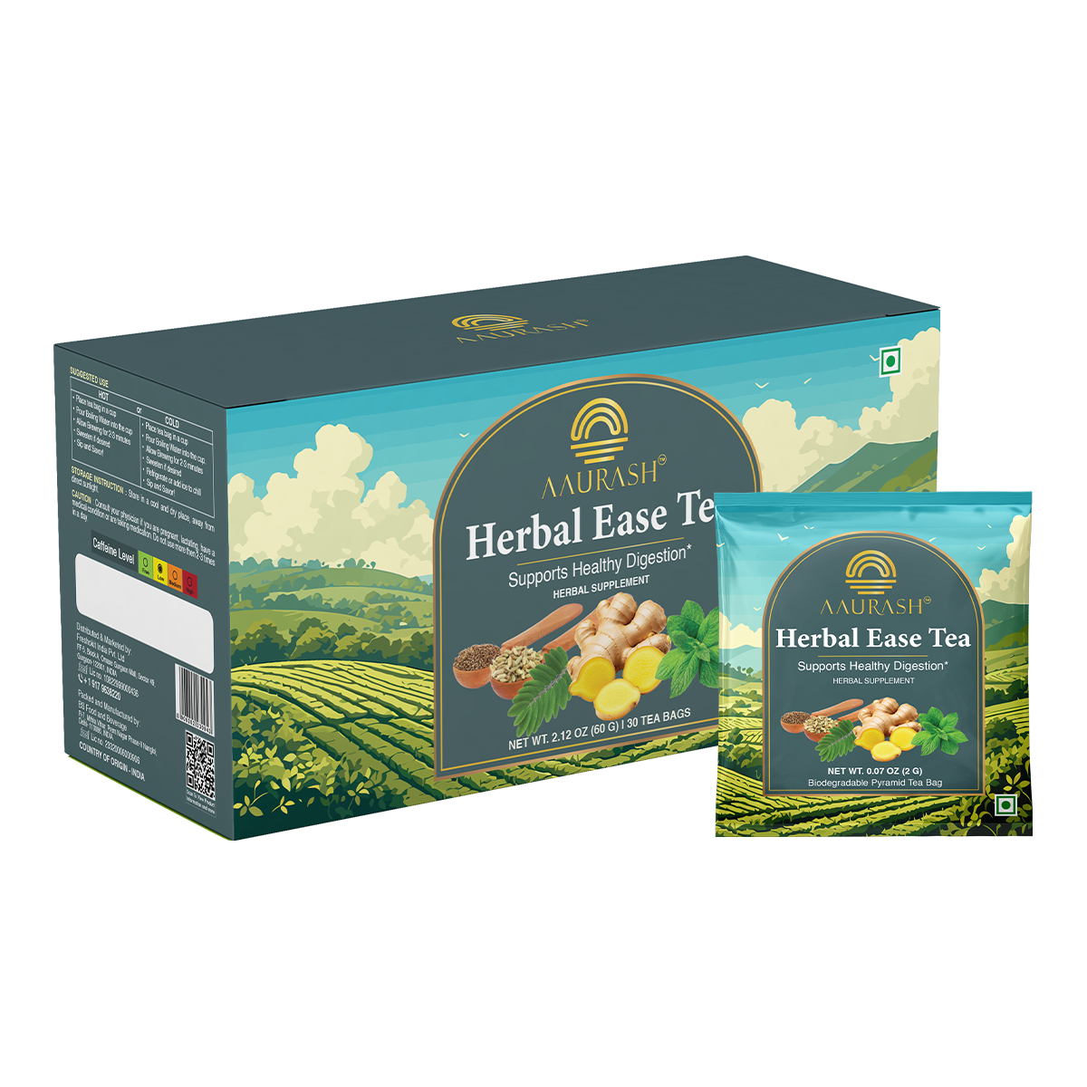 Aaurash Herbal Ease Tea – Natural Digestive Tea Blend with Fennel, Ajwain, Ginger & Senna – Supports Healthy Digestion & Bloating Relief – 30 Bags Pack | Light Caffeine Blend