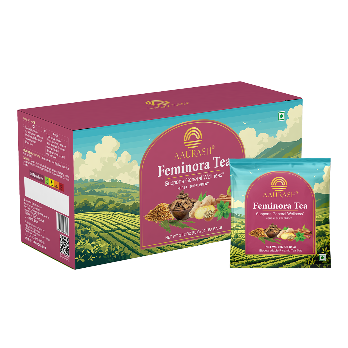Aaurash Feminora Tea – Women’s Herbal Wellness & Hormonal Support Blend | Basil, Ashoka, Lodhra, Fennel & Spearmint | Mild Green Tea Boost | 30 Tea Bags