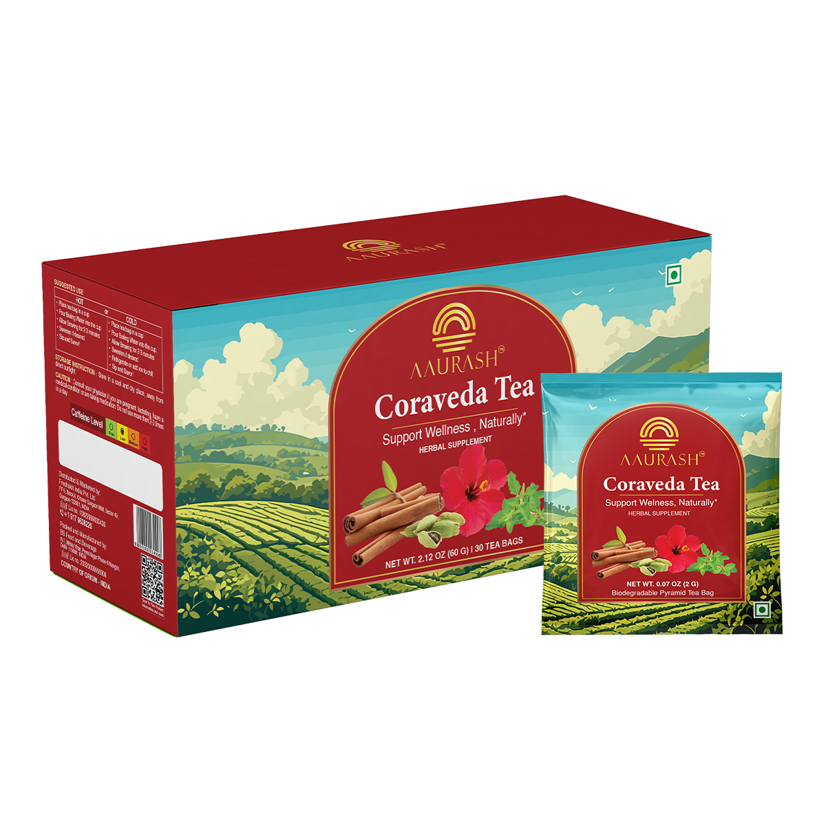 Aaurash Coraveda Tea – Herbal Heart Care Tea with Basil, Cardamom, Cinnamon & Hibiscus | Supports Cardiovascular Wellness | Caffeine-Free, 30 Tea Bags