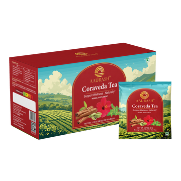 Aaurash Coraveda Tea – Herbal Heart Care Tea with Basil, Cardamom, Cinnamon & Hibiscus | Supports Cardiovascular Wellness | Caffeine-Free, 30 Tea Bags