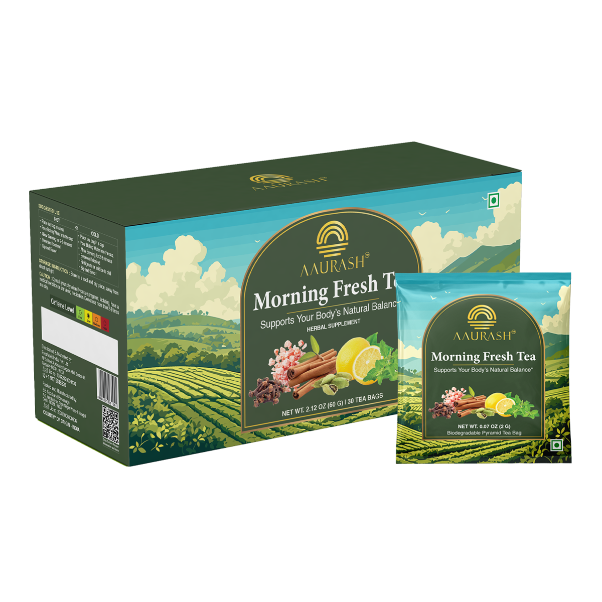 Aaurash Morning Fresh Tea – Energizing Herbal Wellness Blend with Green Tea, Tulsi, Ginger & Lemon | Natural Energy, Immunity & Digestive Support | 30 Tea Bags