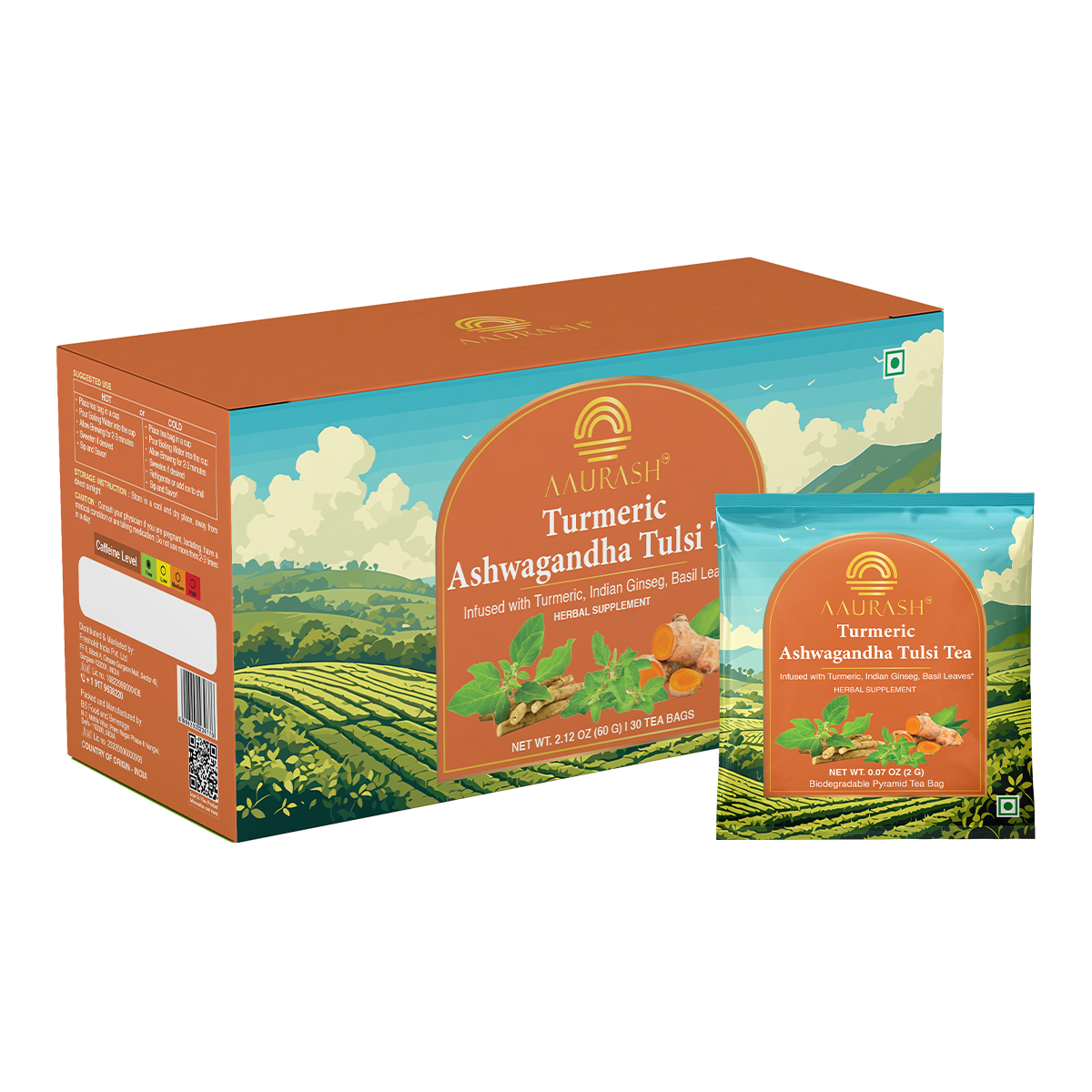 Aaurash Turmeric, Ashwagandha & Basil Herbal Tea – Caffeine-Free Adaptogenic Blend for Immunity, Stress Relief & Digestive Wellness | 30 Tea Bags (100g)