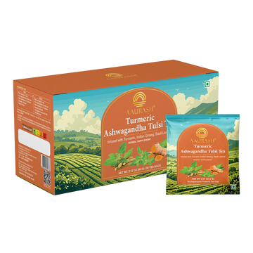 Aaurash Turmeric, Ashwagandha & Basil Herbal Tea – Caffeine-Free Adaptogenic Blend for Immunity, Stress Relief & Digestive Wellness | 30 Tea Bags (100g)