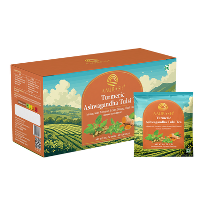 Aaurash Turmeric, Ashwagandha & Basil Herbal Tea – Caffeine-Free Adaptogenic Blend for Immunity, Stress Relief & Digestive Wellness | 30 Tea Bags (100g)