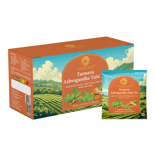 Aaurash Turmeric, Ashwagandha & Basil Herbal Tea – Caffeine-Free Adaptogenic Blend for Immunity, Stress Relief & Digestive Wellness | 30 Tea Bags (100g)