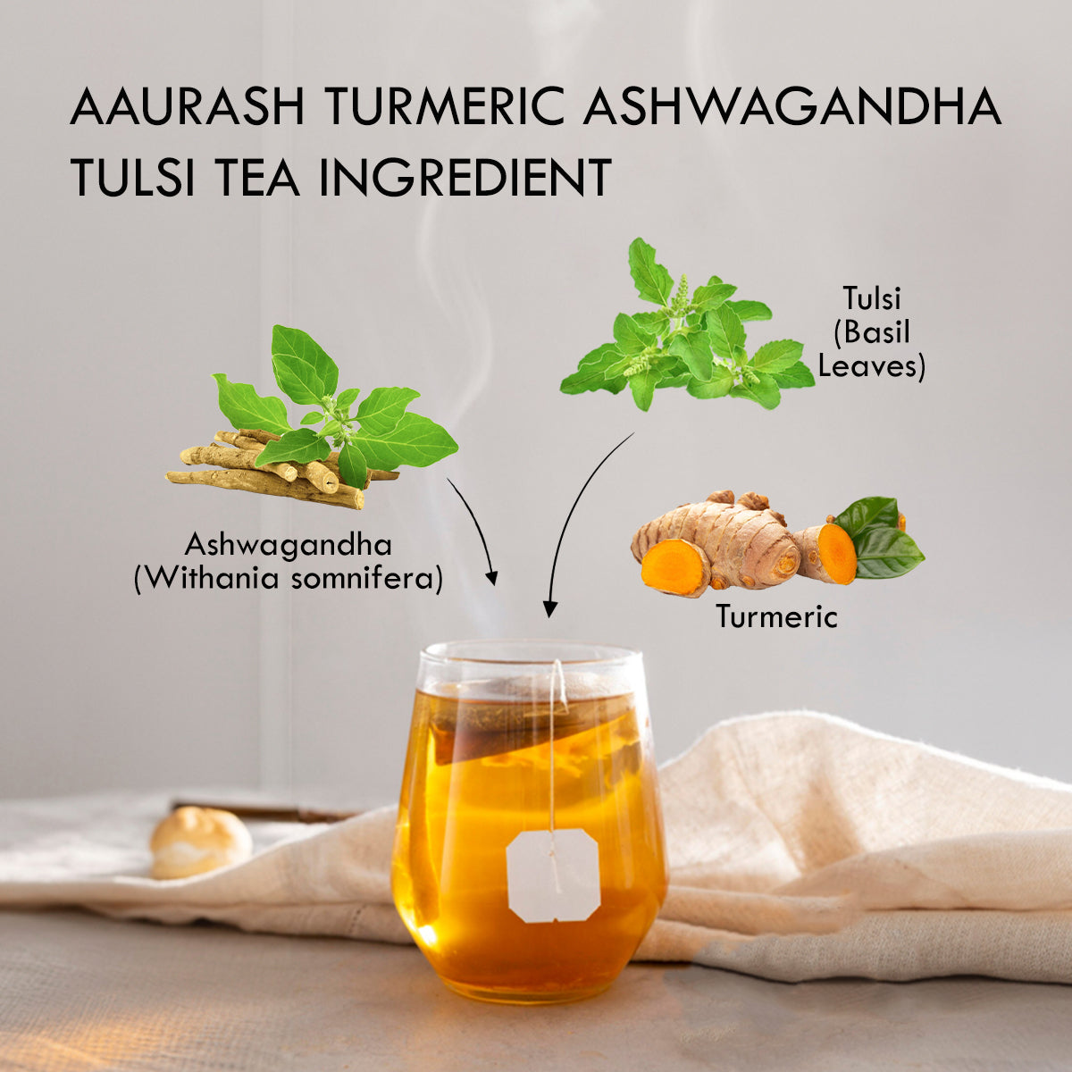 Aaurash Turmeric, Ashwagandha & Basil Herbal Tea – Caffeine-Free Adaptogenic Blend for Immunity, Stress Relief & Digestive Wellness | 30 Tea Bags (100g)