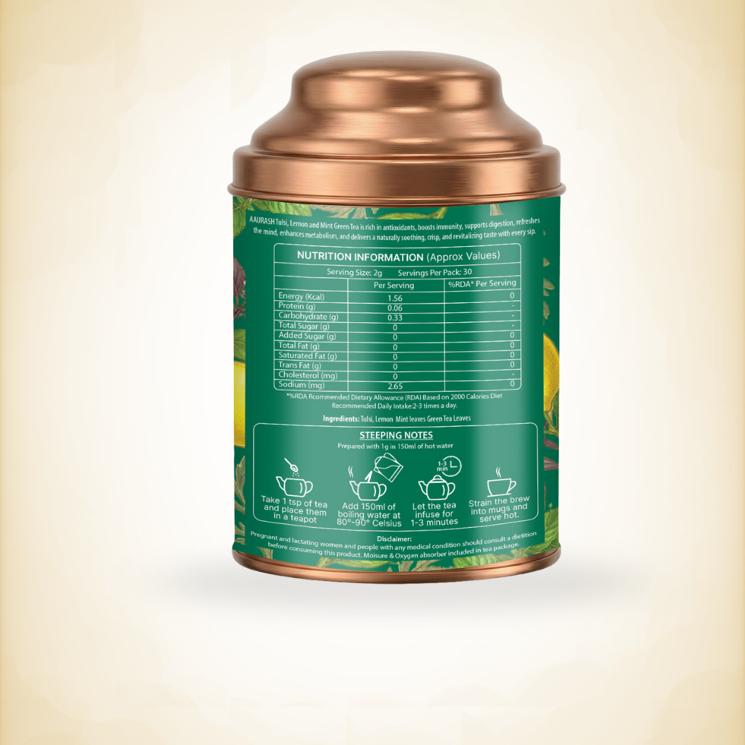Aaurash Tulsi Lemon Mint Green Tea | Lemon Mint Flavor | Refreshing Blend | Loose Tea Tulsi Herbal Tea Tin (60 g)