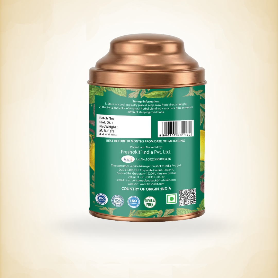 Aaurash Tulsi Lemon Mint Green Tea | Lemon Mint Flavor | Refreshing Blend | Loose Tea Tulsi Herbal Tea Tin (60 g)