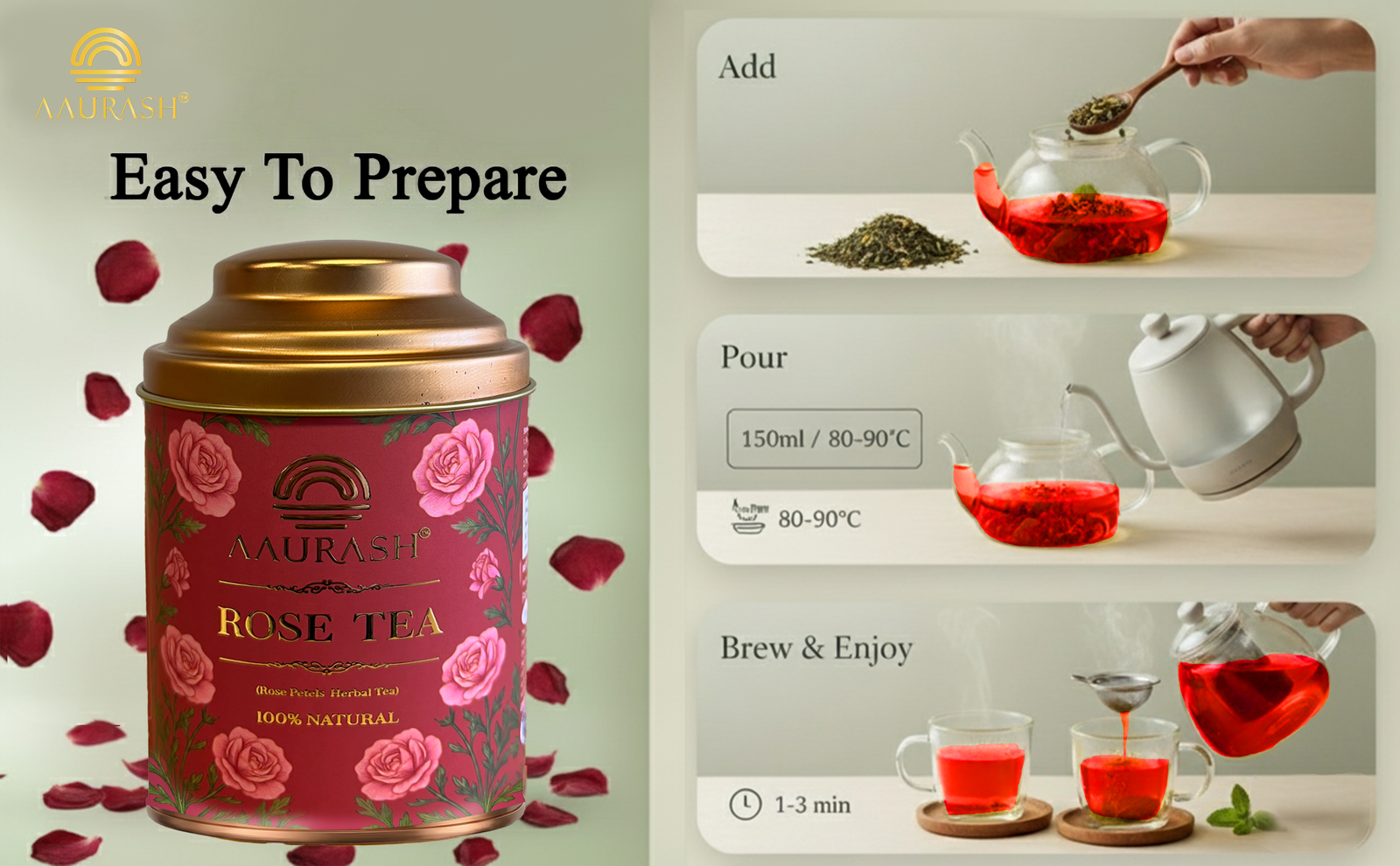 Aaurash Rose Tea | Natural Antioxidants | Caffeine Free | Loose Rose Petals (40gm)