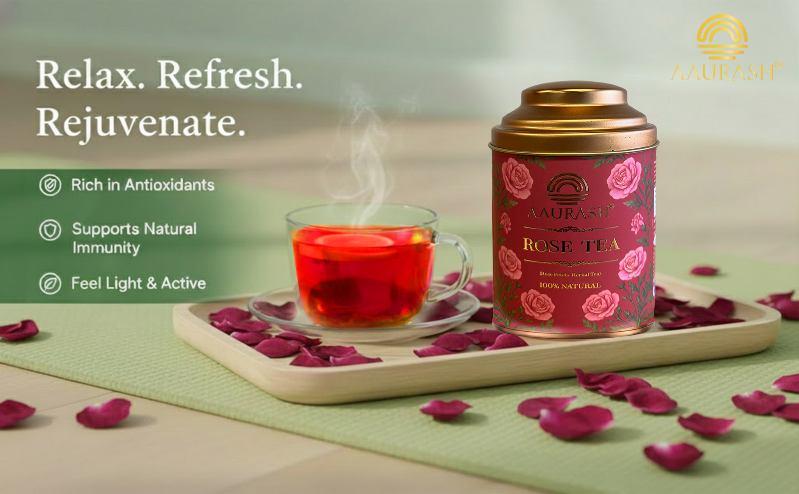 Aaurash Rose Tea | Natural Antioxidants | Caffeine Free | Loose Rose Petals (40gm)