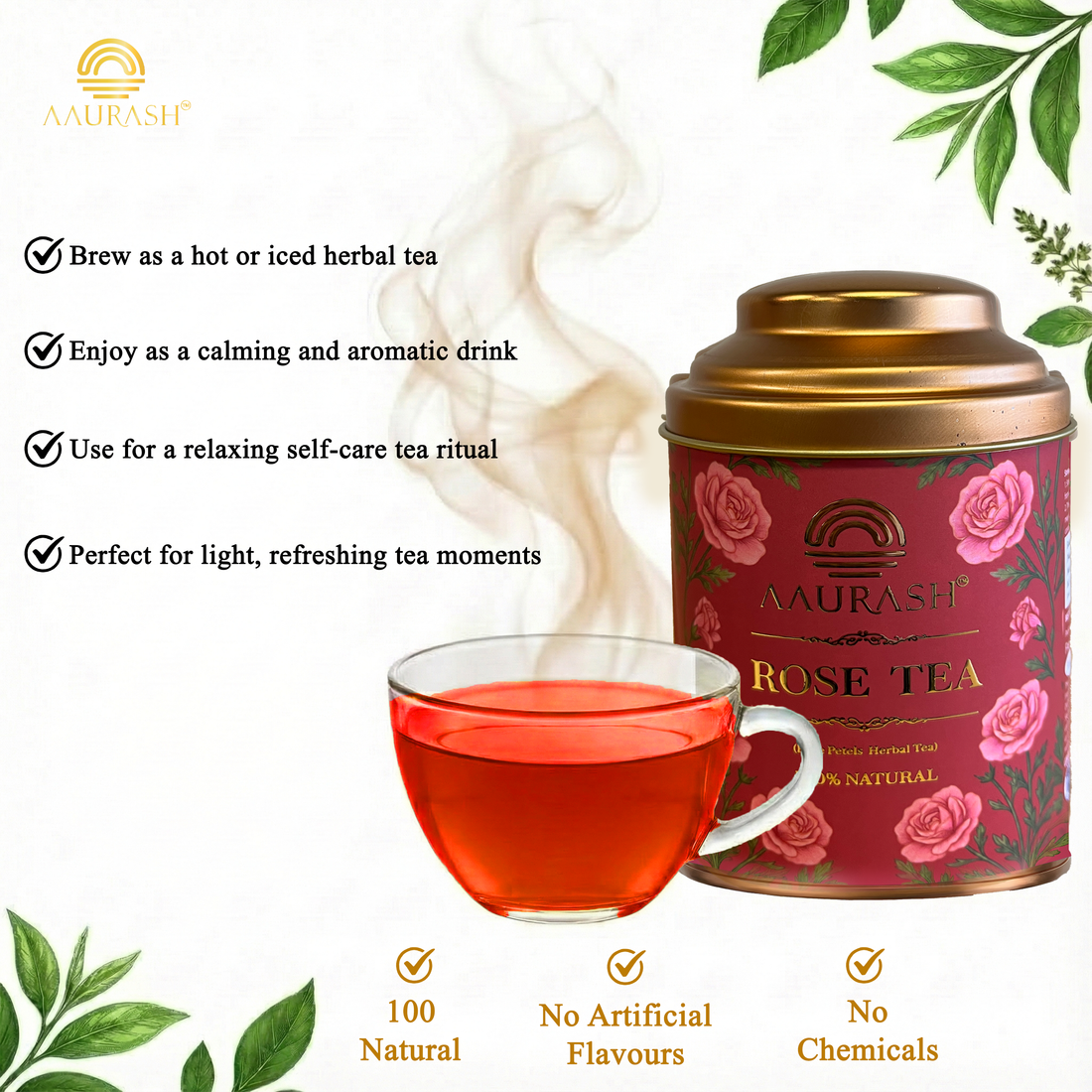 Aaurash Rose Tea | Natural Antioxidants | Caffeine Free | Loose Rose Petals (40gm)