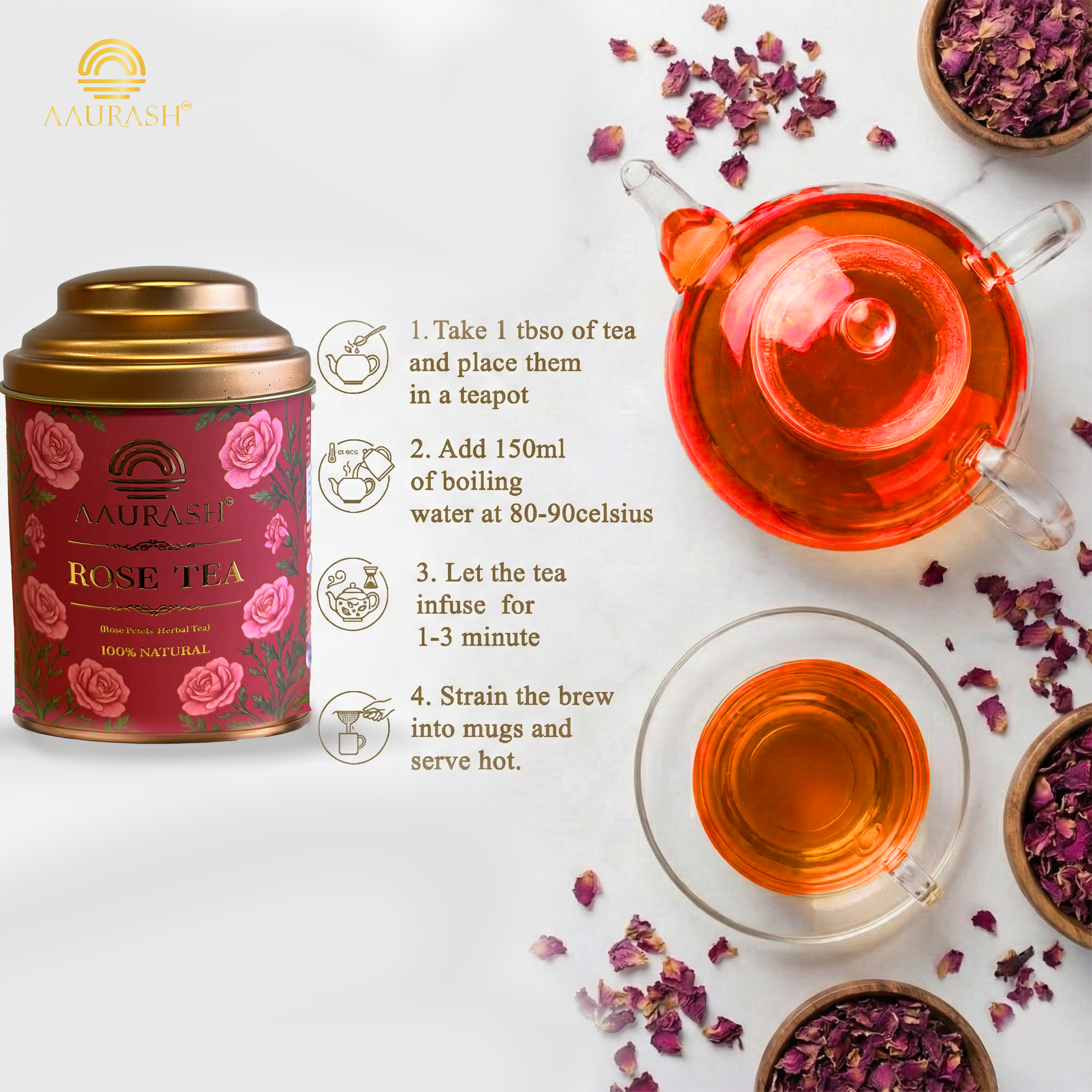 Aaurash Rose Tea | Natural Antioxidants | Caffeine Free | Loose Rose Petals (40gm)